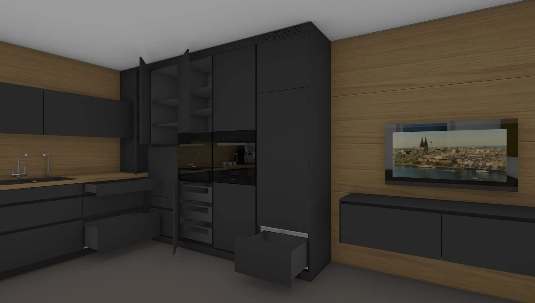 3D-Visualisierung einer anthrazitfarbenen Küche